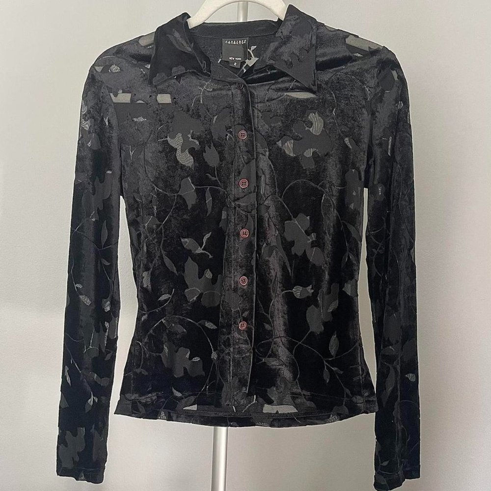 Floral pattern, sheer and velvet long sleeve black top